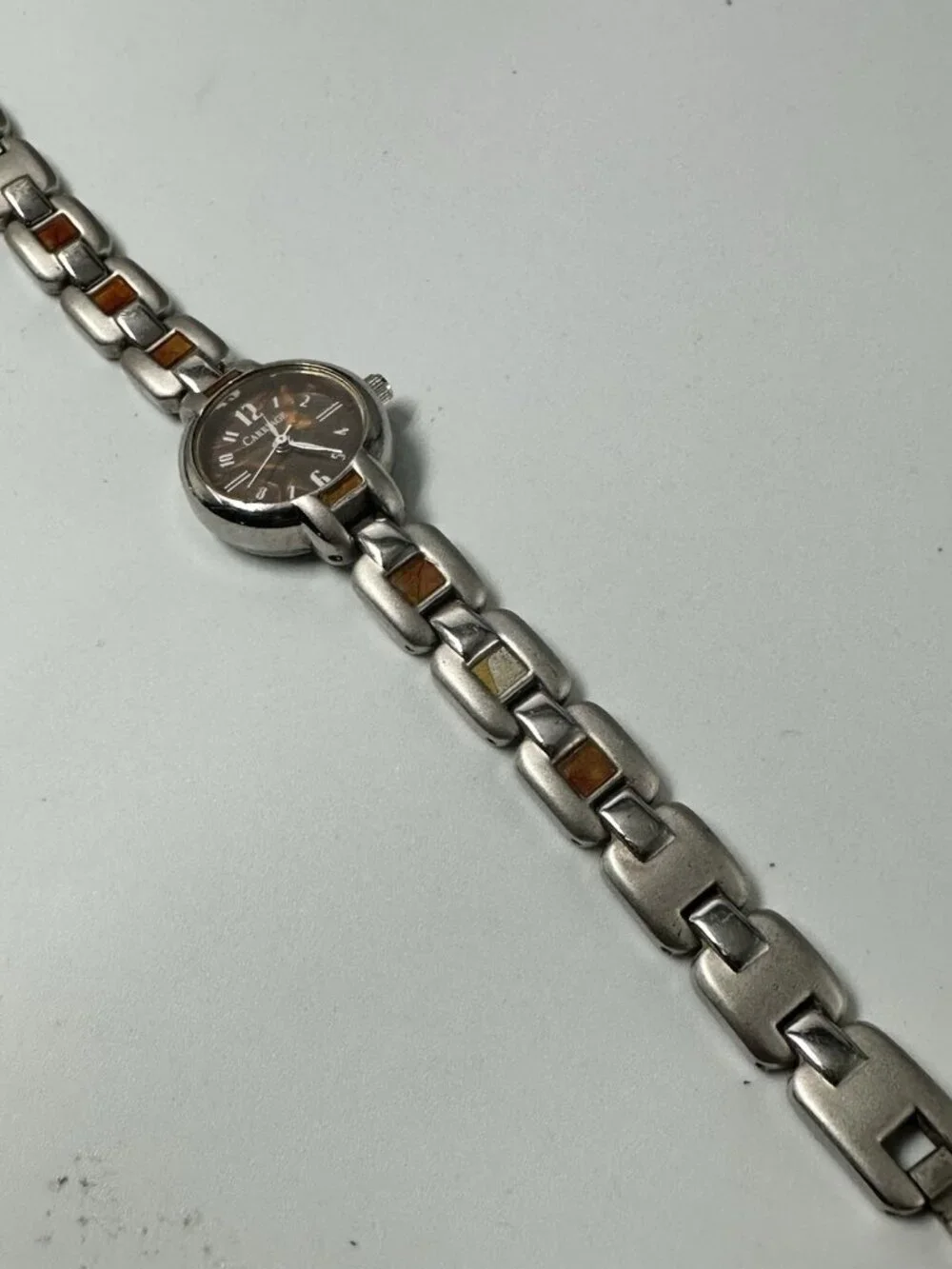 Carriage Watch Women Silver Tone Brown Dial Round 21MM New Battery 7 Inch